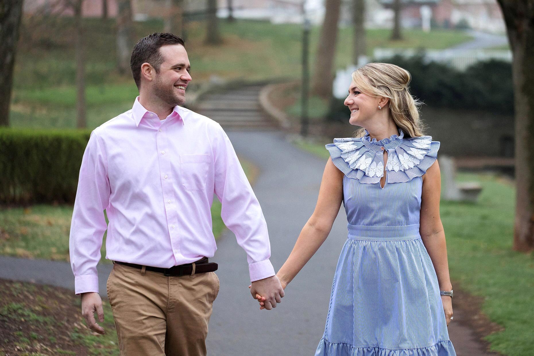 Brianne & Andrew walking hand in hand at Lititz Springs Park, Lititz, PA