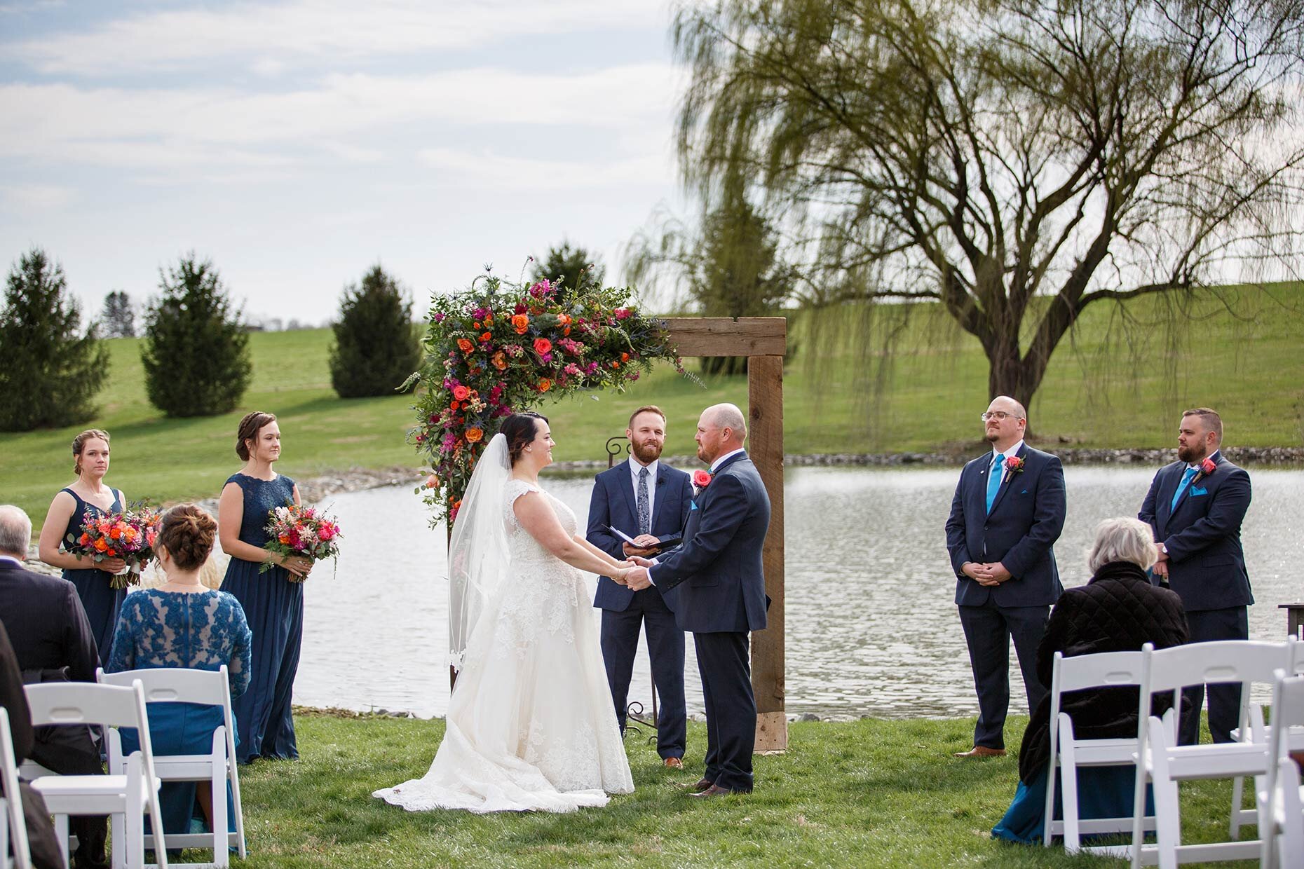  Bride, Groom Outdoor, Ceremony, Wedding, Blue Skies, Lancaster, PA, Manheim, PA, Central, PA, Lakefield Weddings, Barn Wedding, Farm Wedding, Rural, Outdoors, Willow Tree, Vows, Married, Wedding Party, Guests 