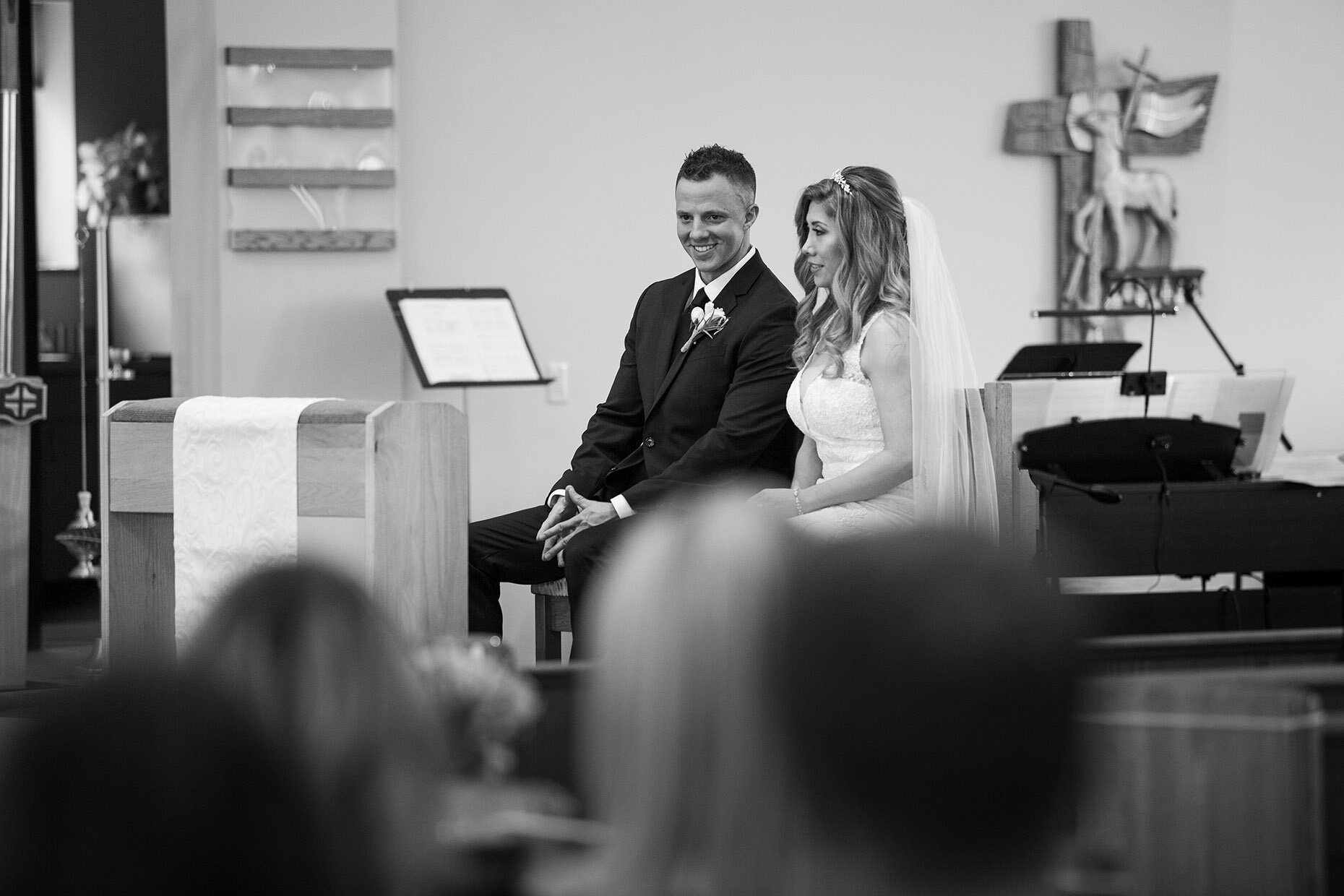 Couple at wedding in black and white