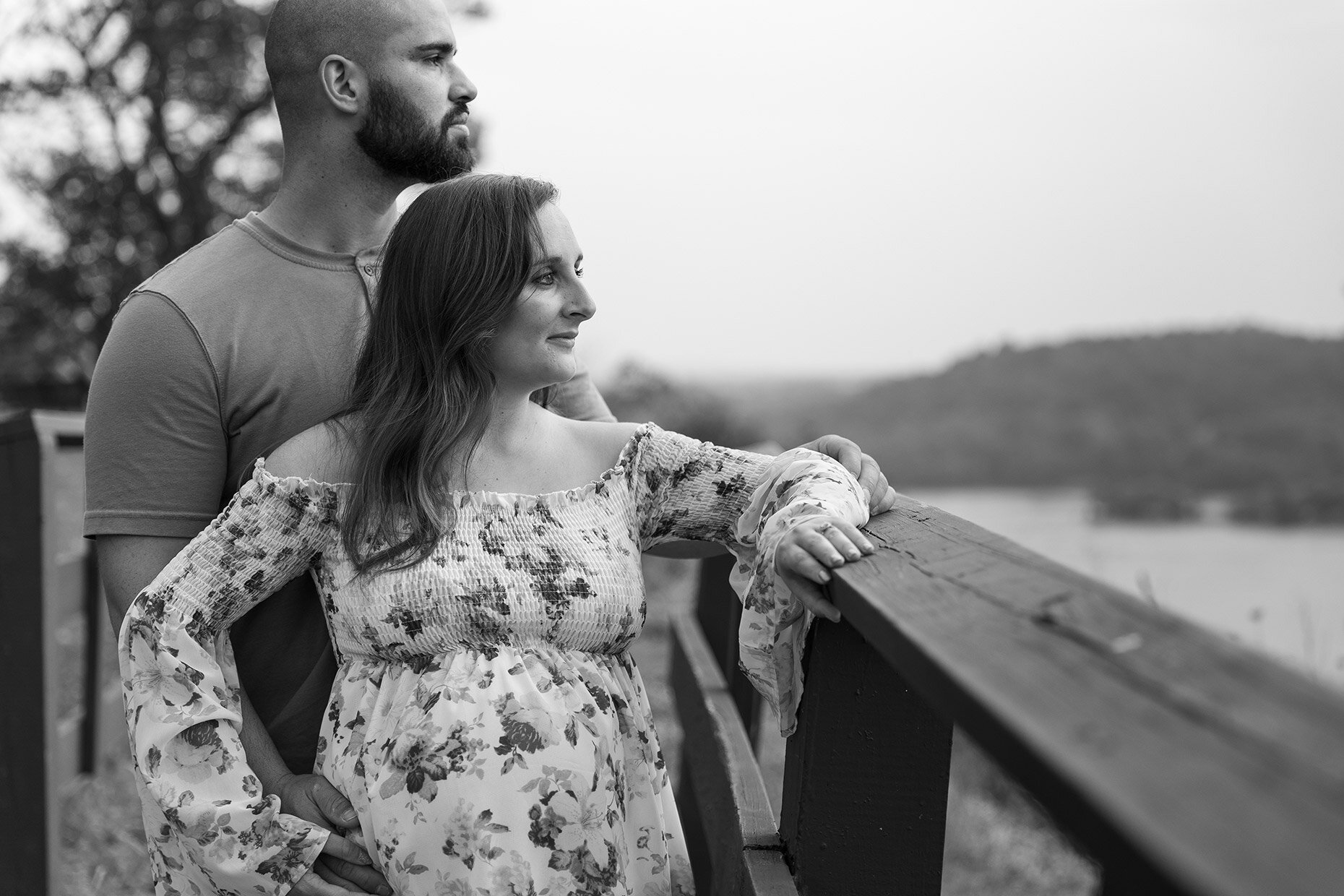 Black and White Couple looking out at Overlook and River Maternity