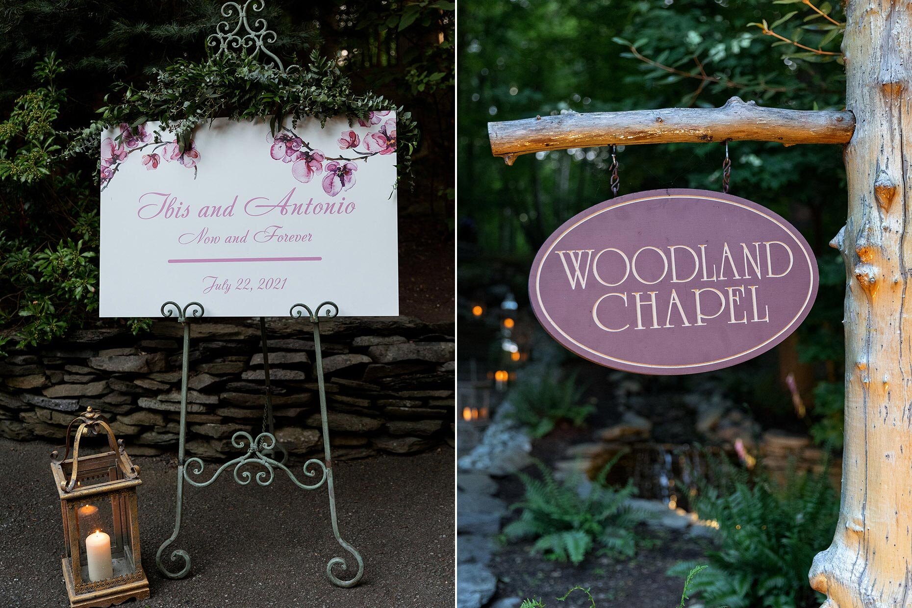 Wedding signs at woodland chapel