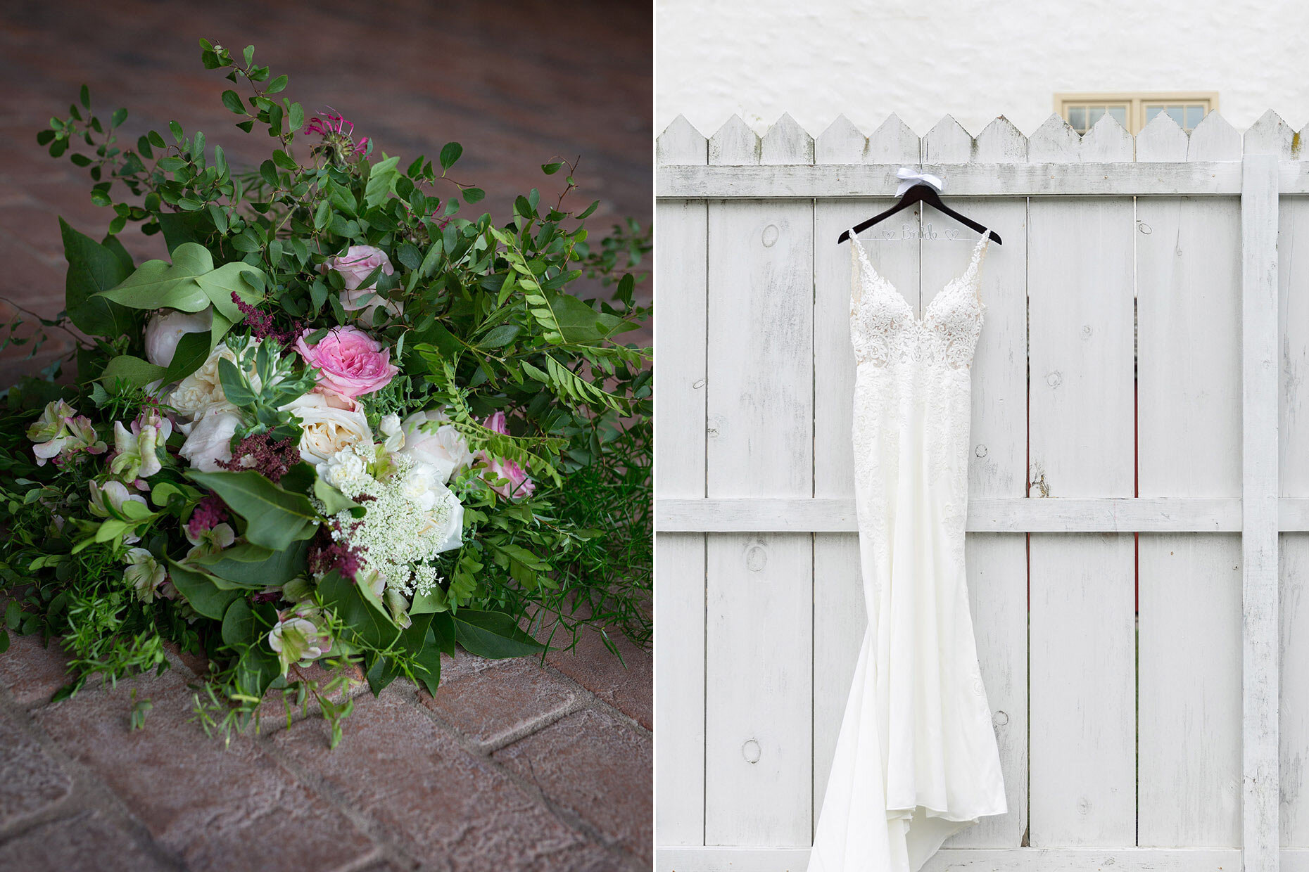 Bride's Dress on a fence with Bouquet on Bricks