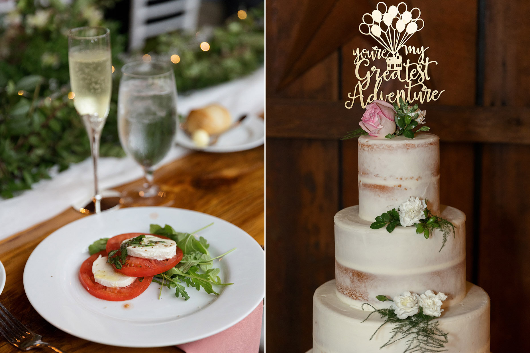 Caprese Salad with Champagne and Wedding Cake