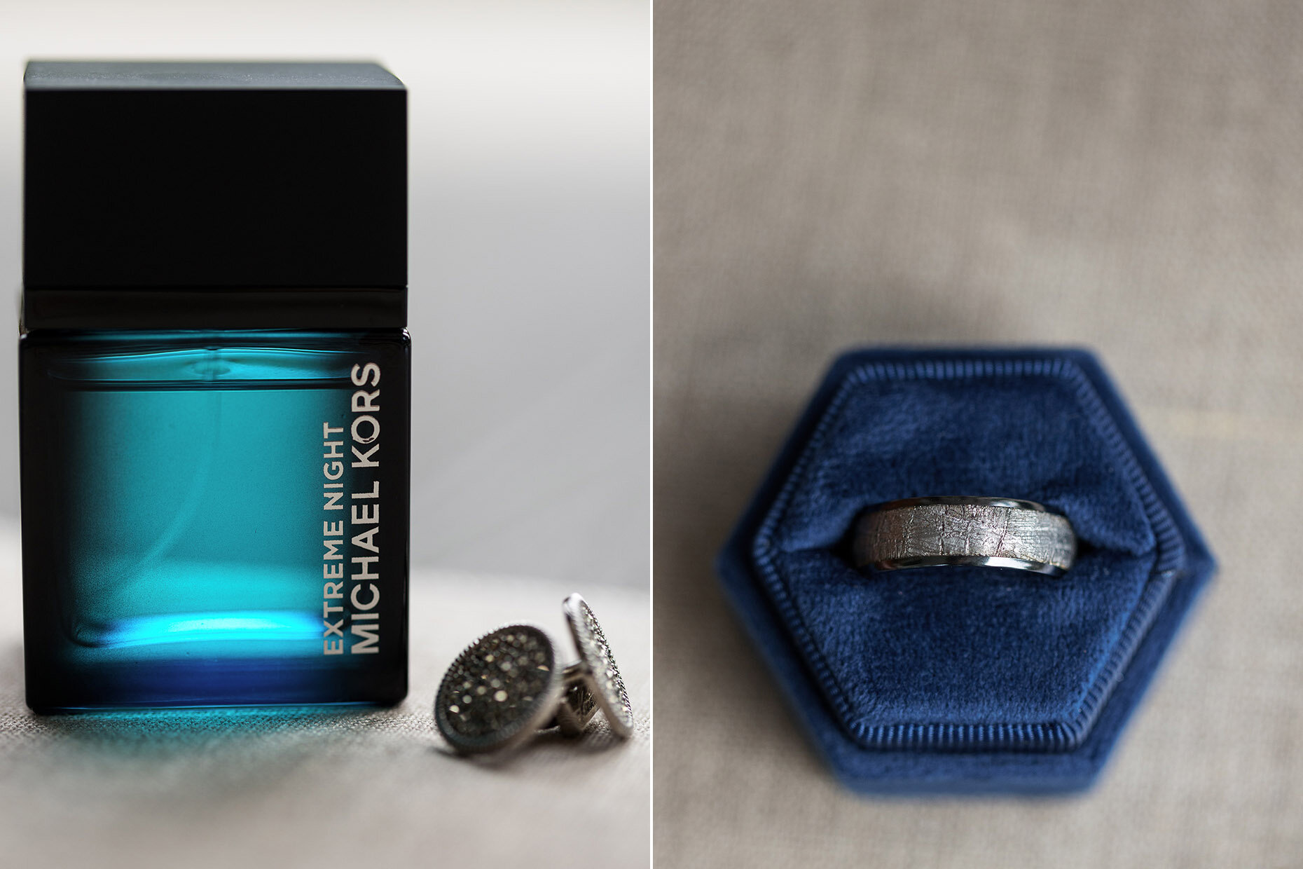 Groom’s cologne, cufflinks and ring details