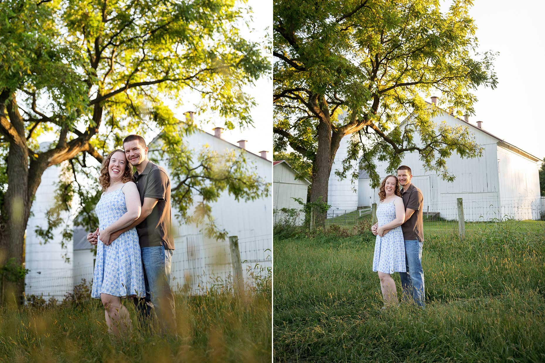 Engagement photos in front of a tree and barn 