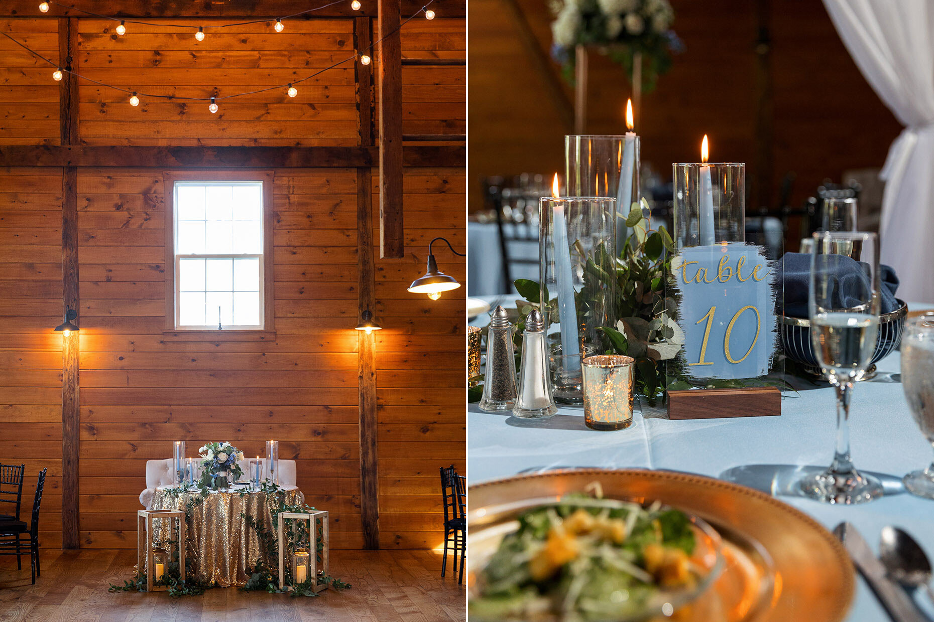 Centerpieces in dusty blue and gold at Historic Ashland Barn Venue