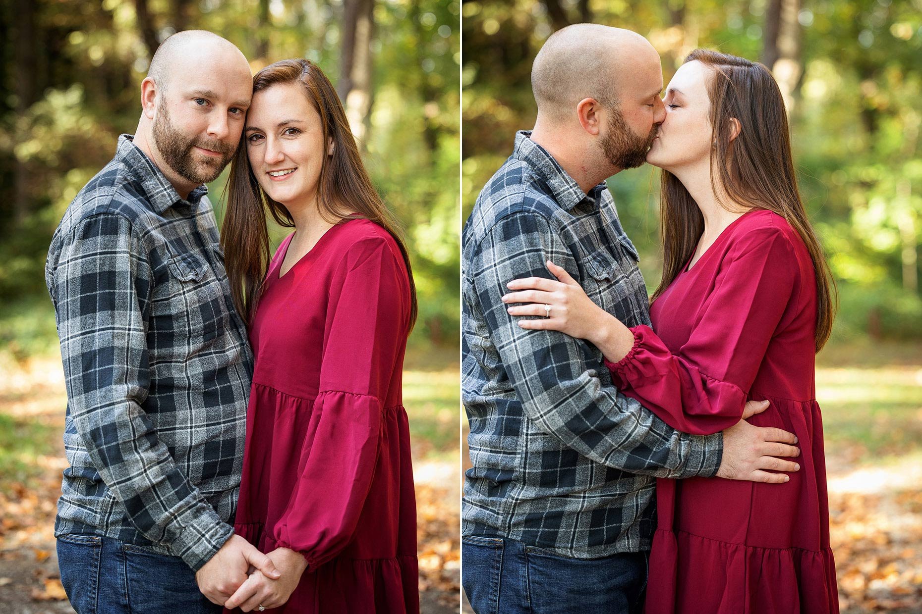 Couple kissing in woods at engagement session