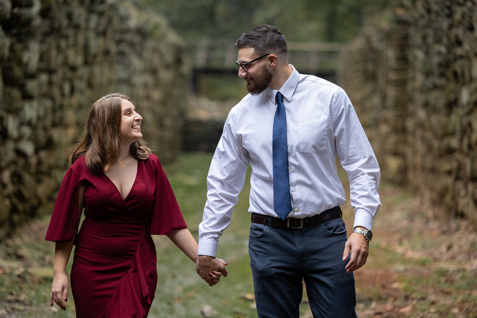 Couple walking at engagement session