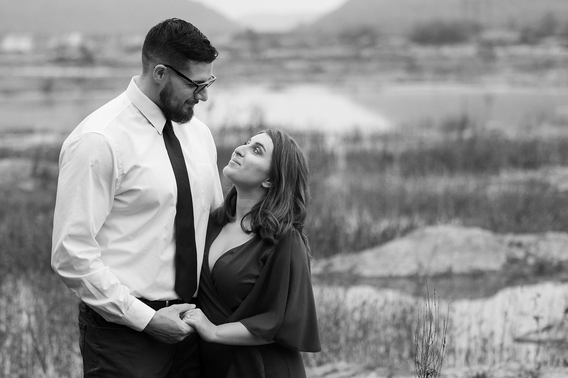 Black and white photos of engagement session on the Suquehanna 