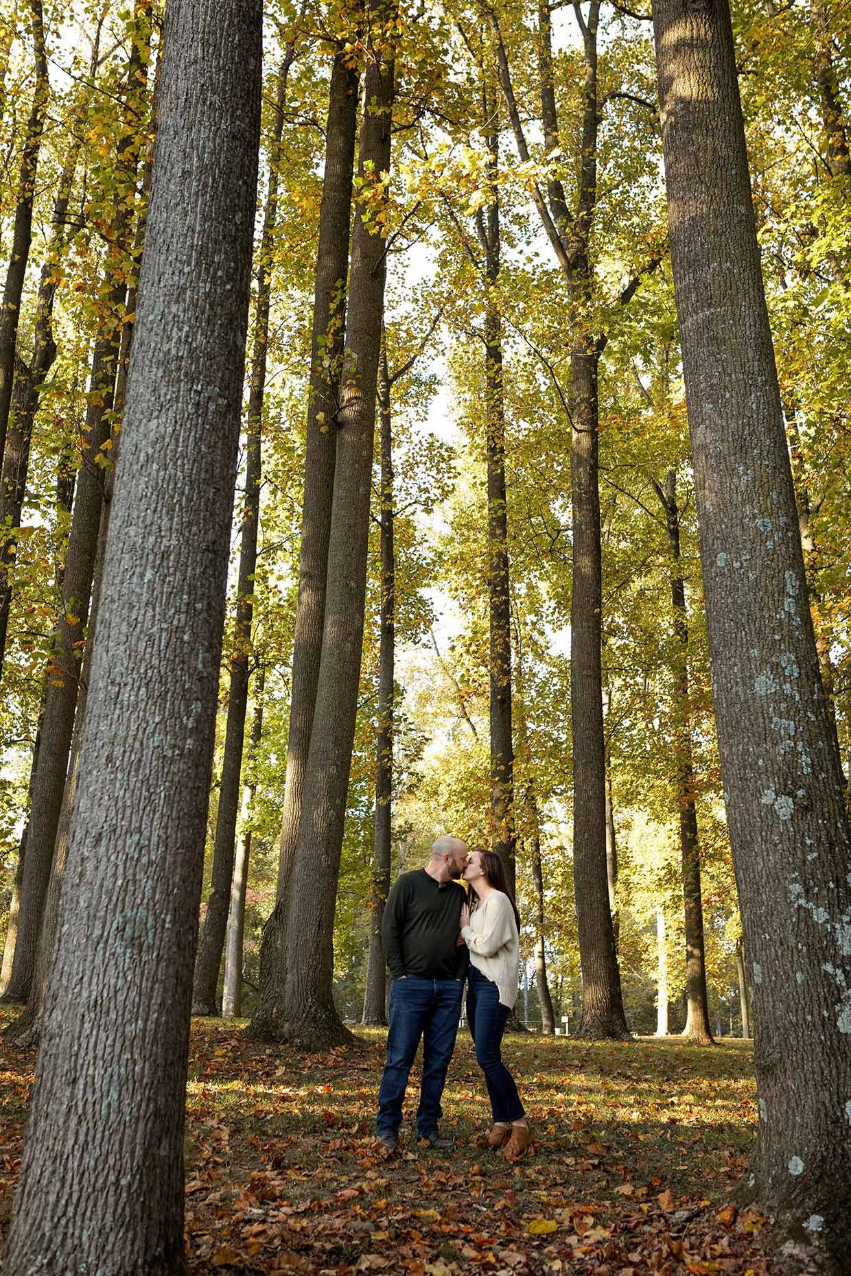 Couple kissing in the woods at engagement session