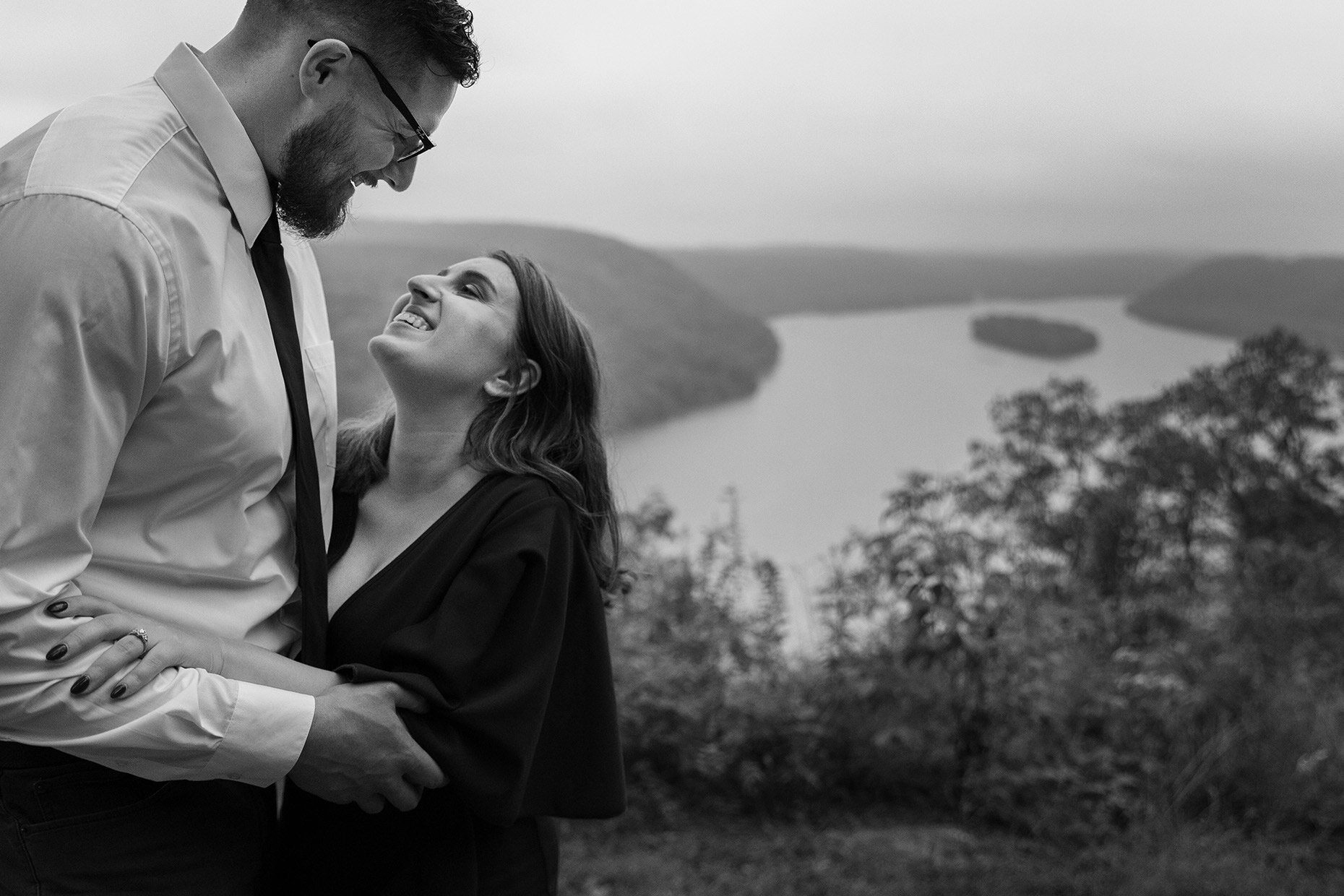 Black and white of couple with Susquehanna River