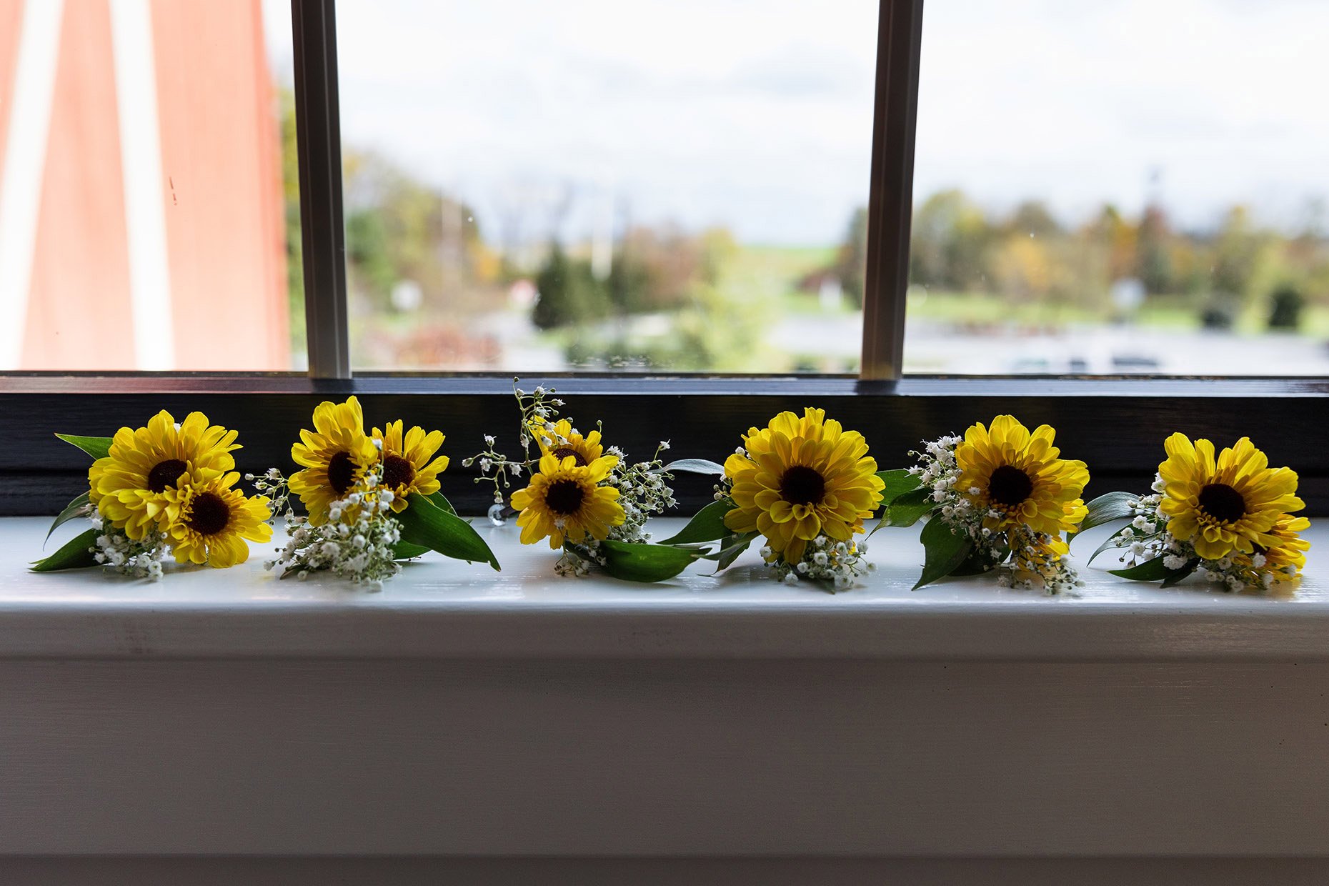 Yellow Flower Boutonnieres lined up on a window sill