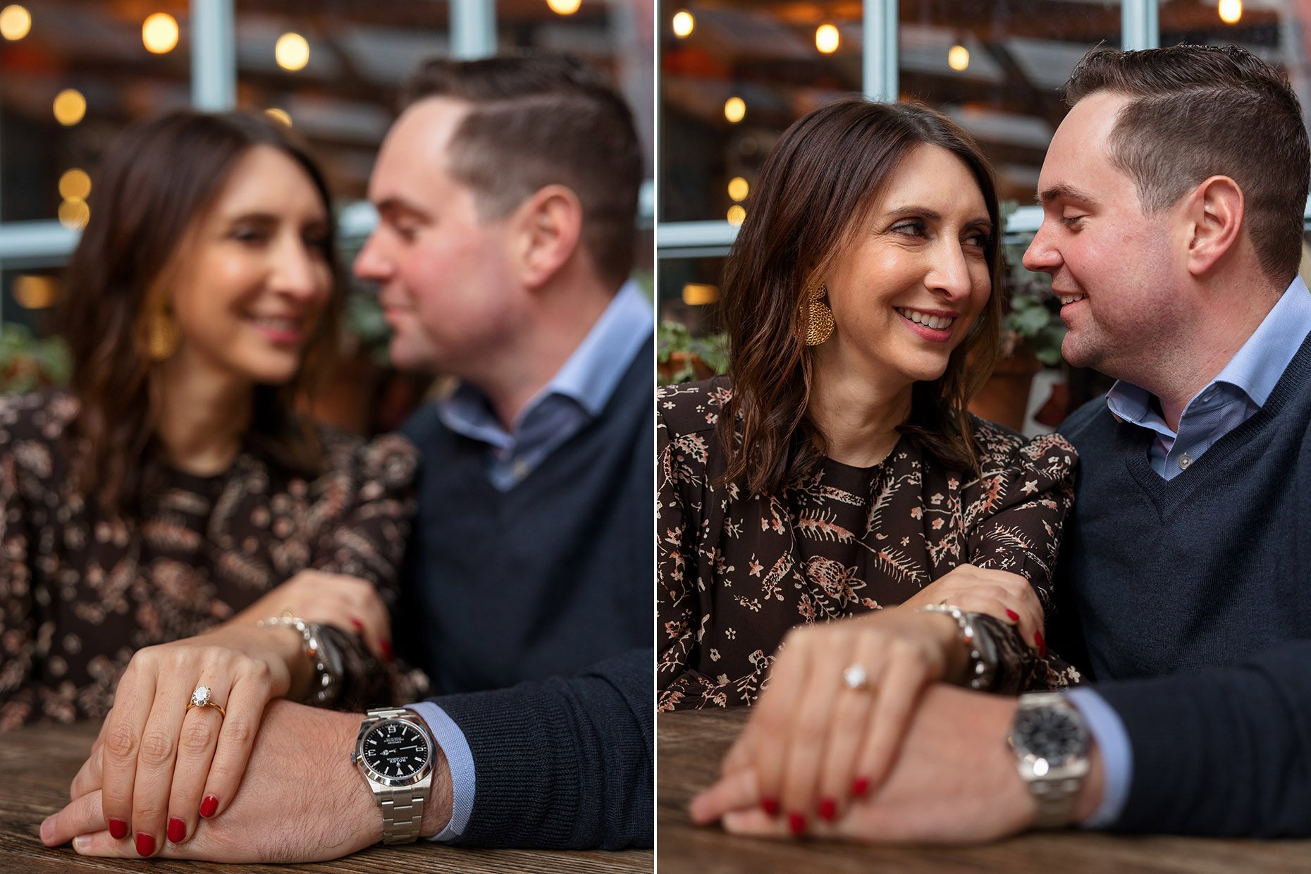 Casual Engagement photos at restaurant