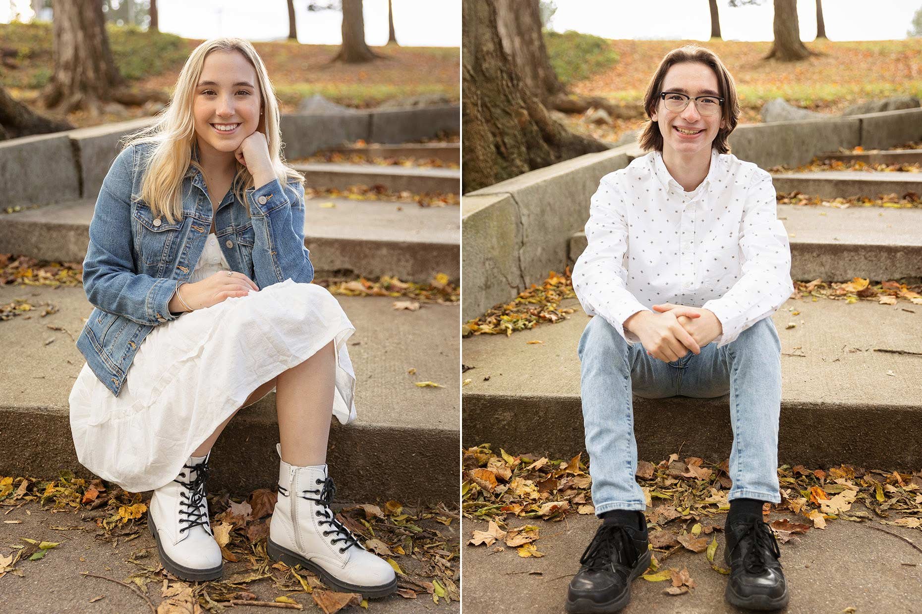 Twins seated for senior photos on steps