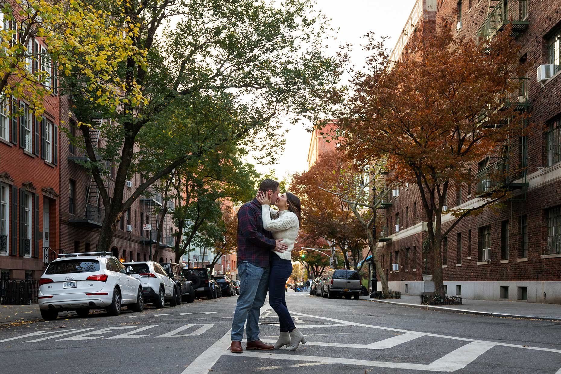 Engagement Photo Kissing in the street in Fall in NYC