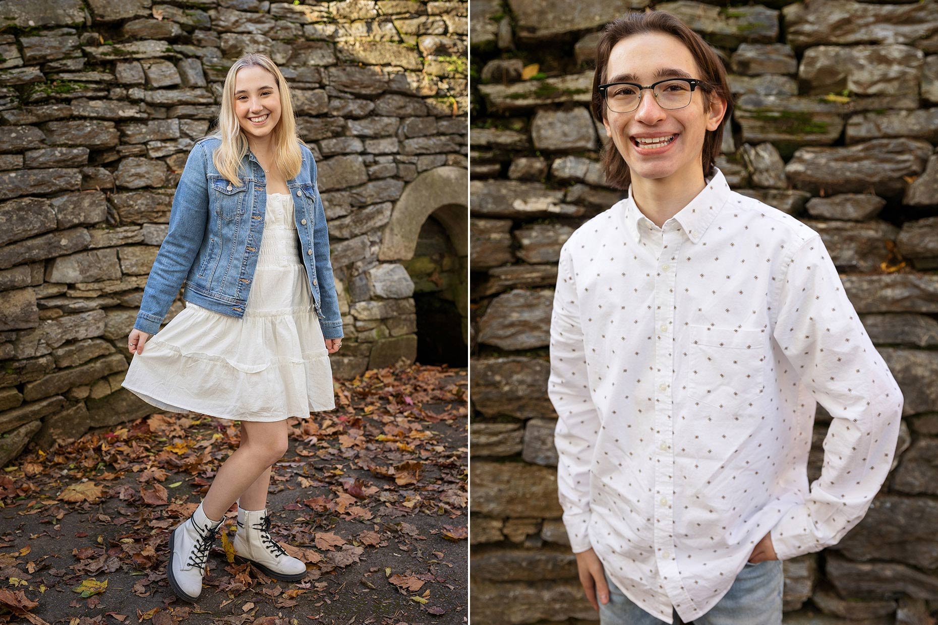 Senior photos for twins in front of a stone wall