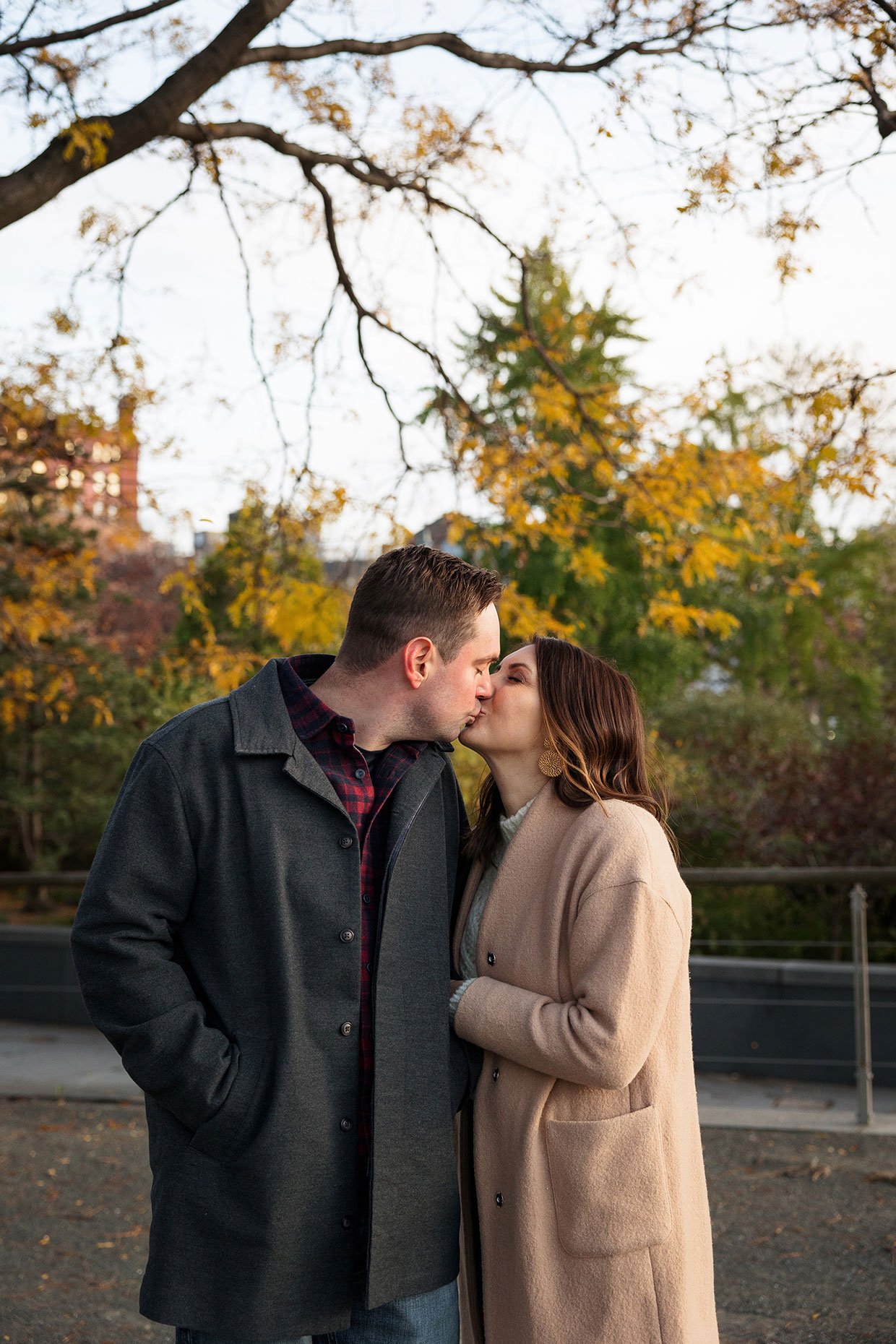 Fall Engagement Photos at Hudson River Park NY Kissing