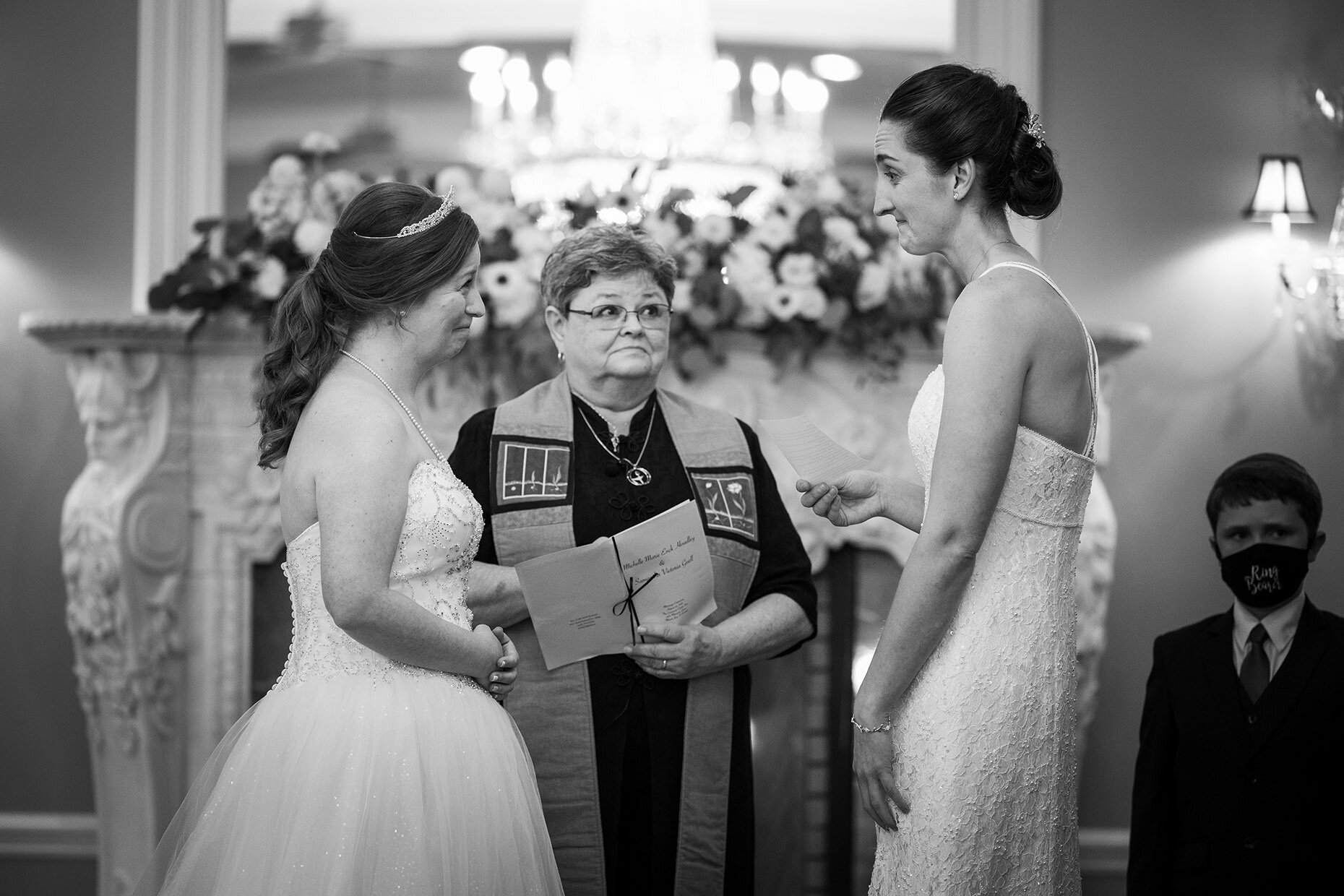 Black and white of couple at Indoor Ceremony at Cameron Estate Inn