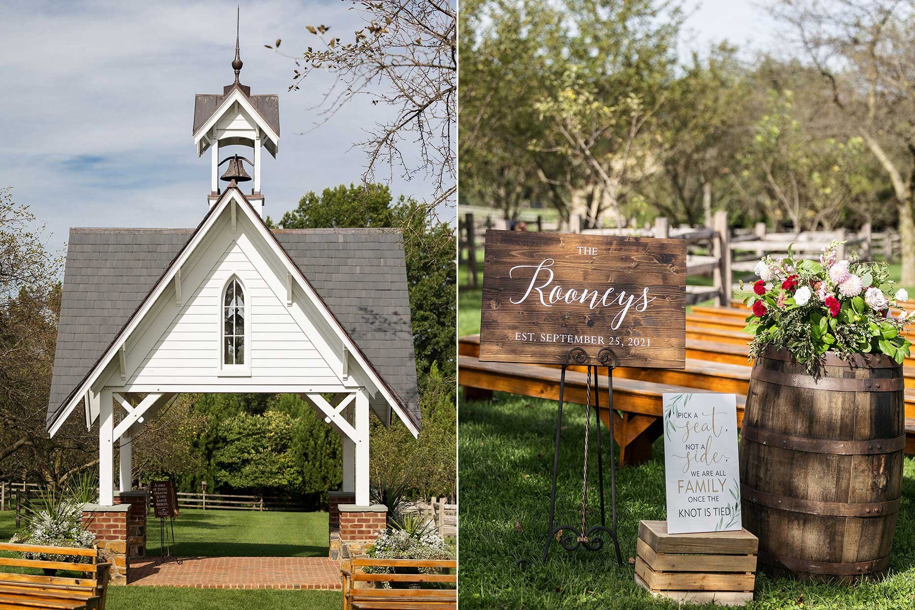 Signs and Barrels with flowers at Ceremony site and chapel