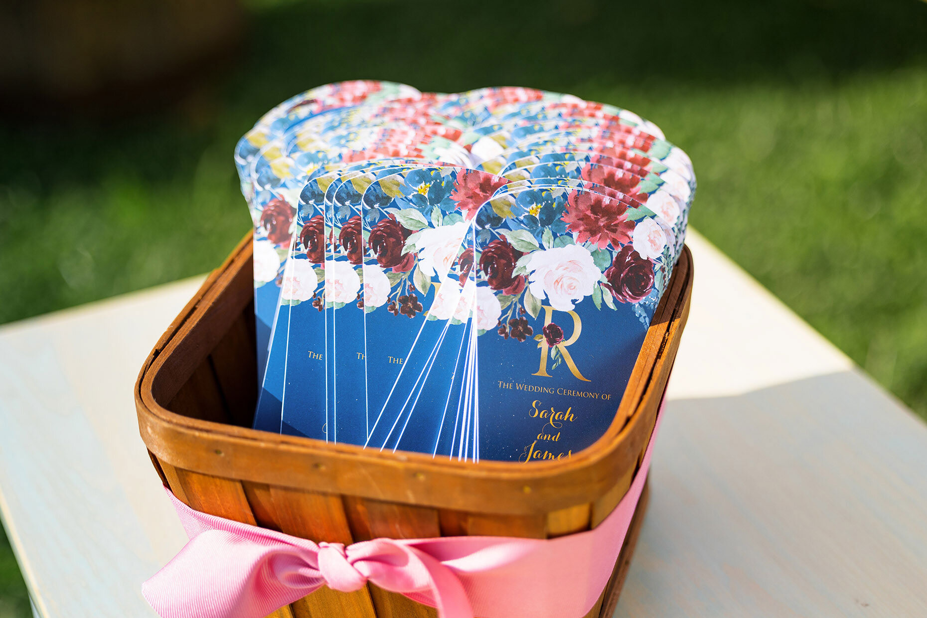 Blue Floral Programs at outdoor fall wedding