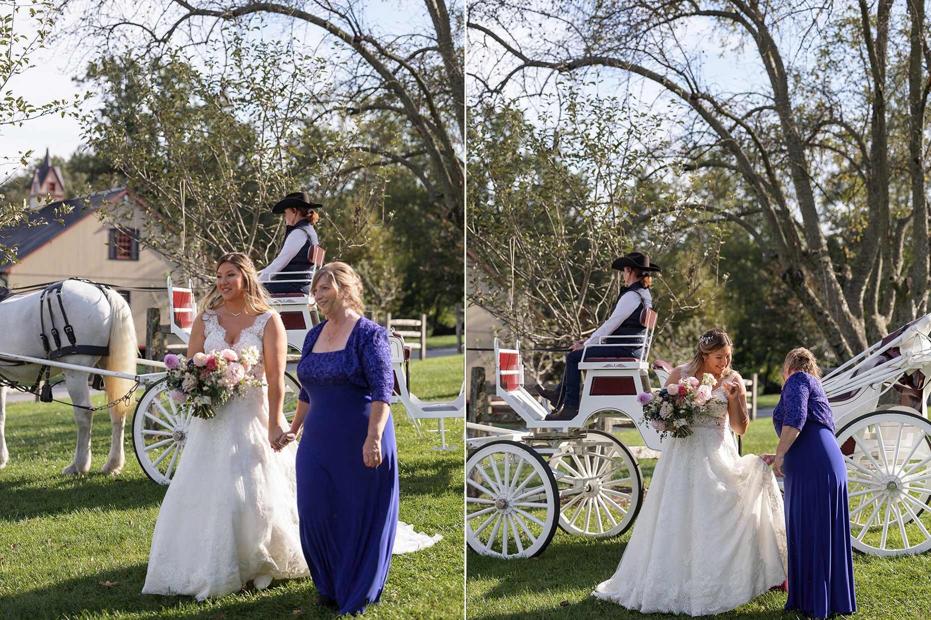 Bride walks down the aisle getting off of a horse &amp; Carriage with mom