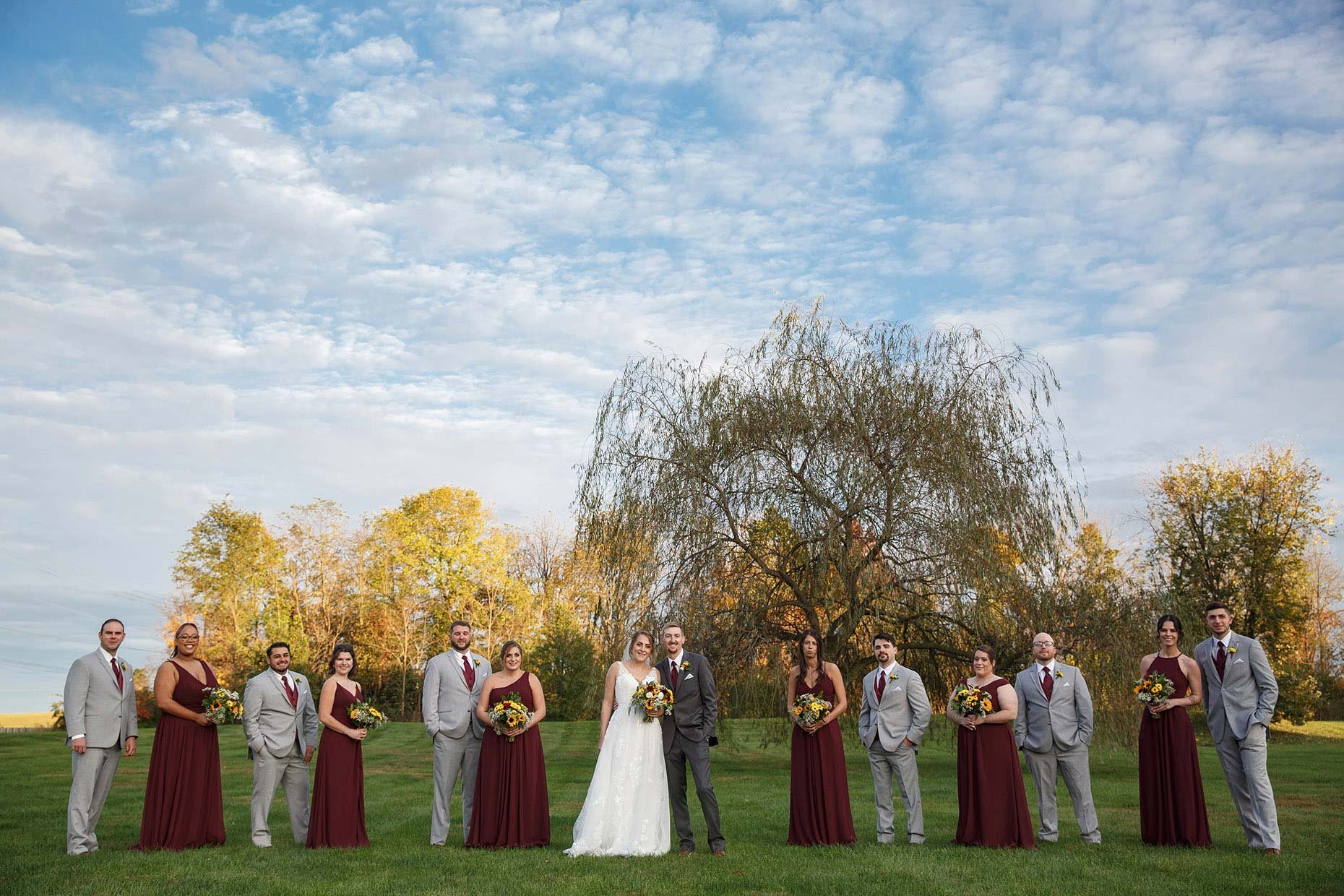 Bridal party in front of willow tree and blue sky
