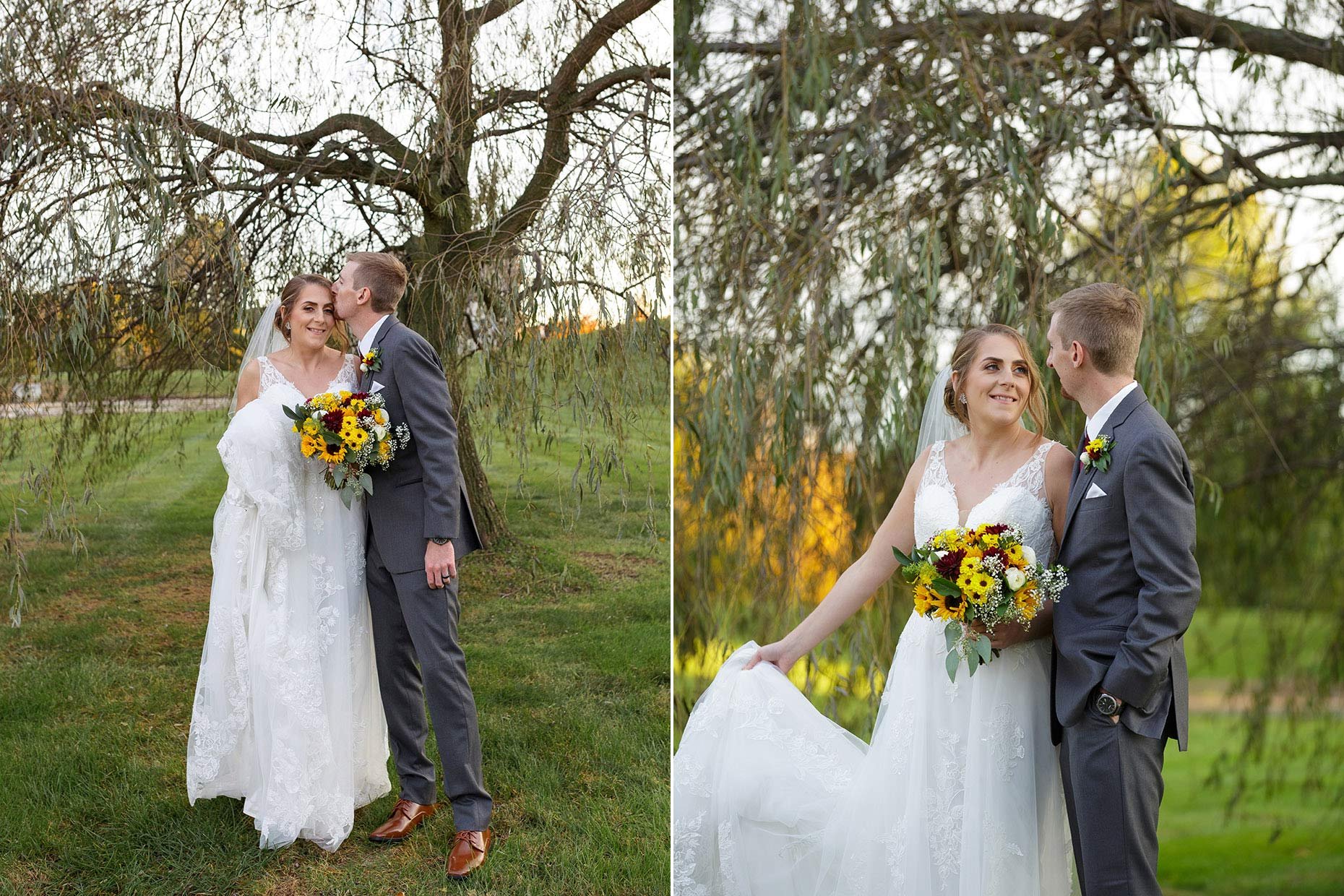 Groom kissing bride's forehead under a willow tree