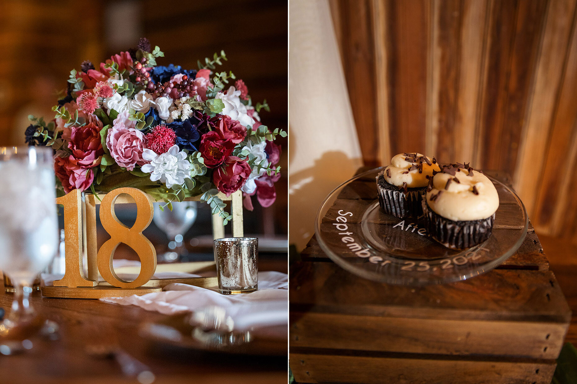 Cupcakes and centerpieces at barn wedding