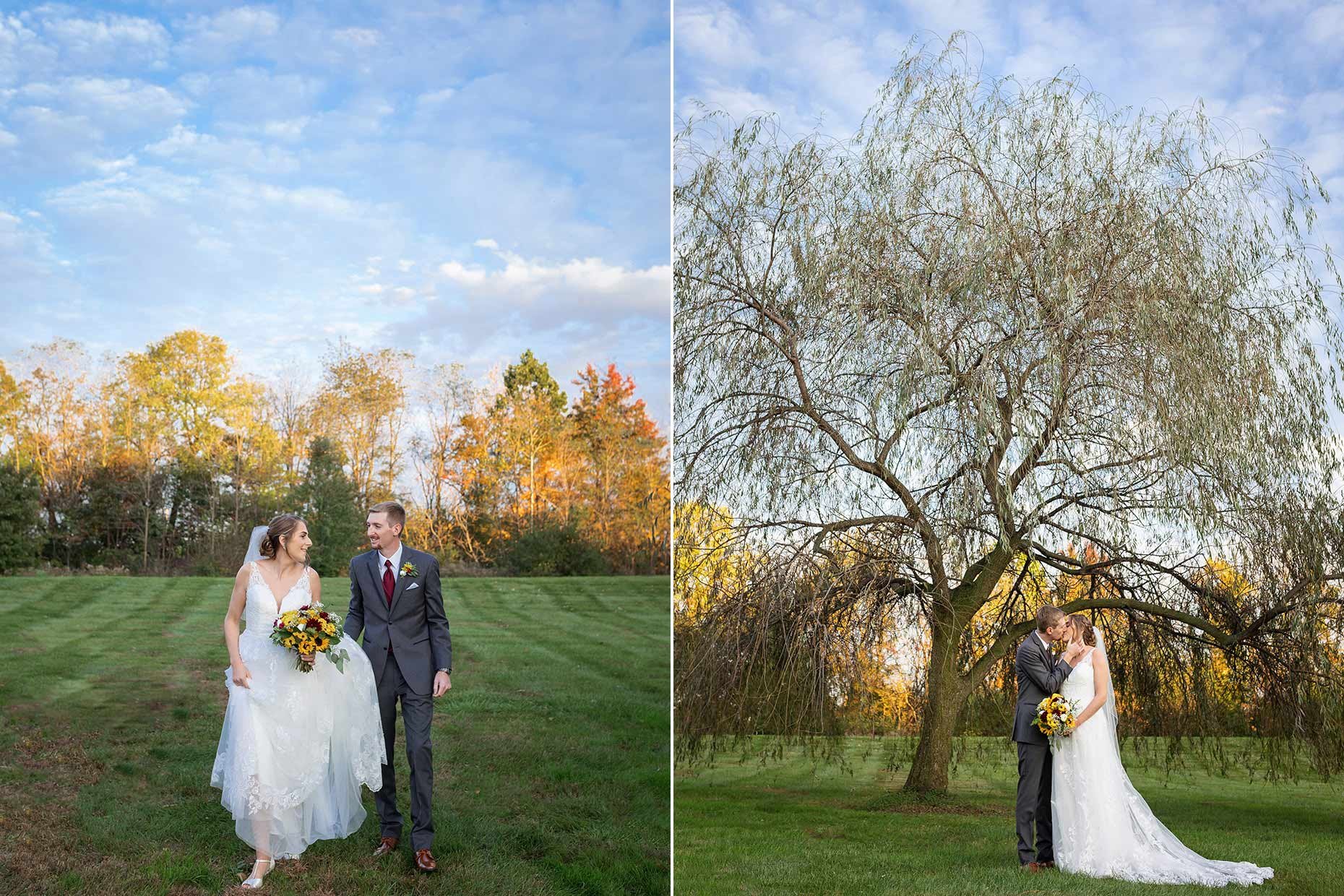 Bride &amp; Groom walking in a field &amp; kissing under a willow tree