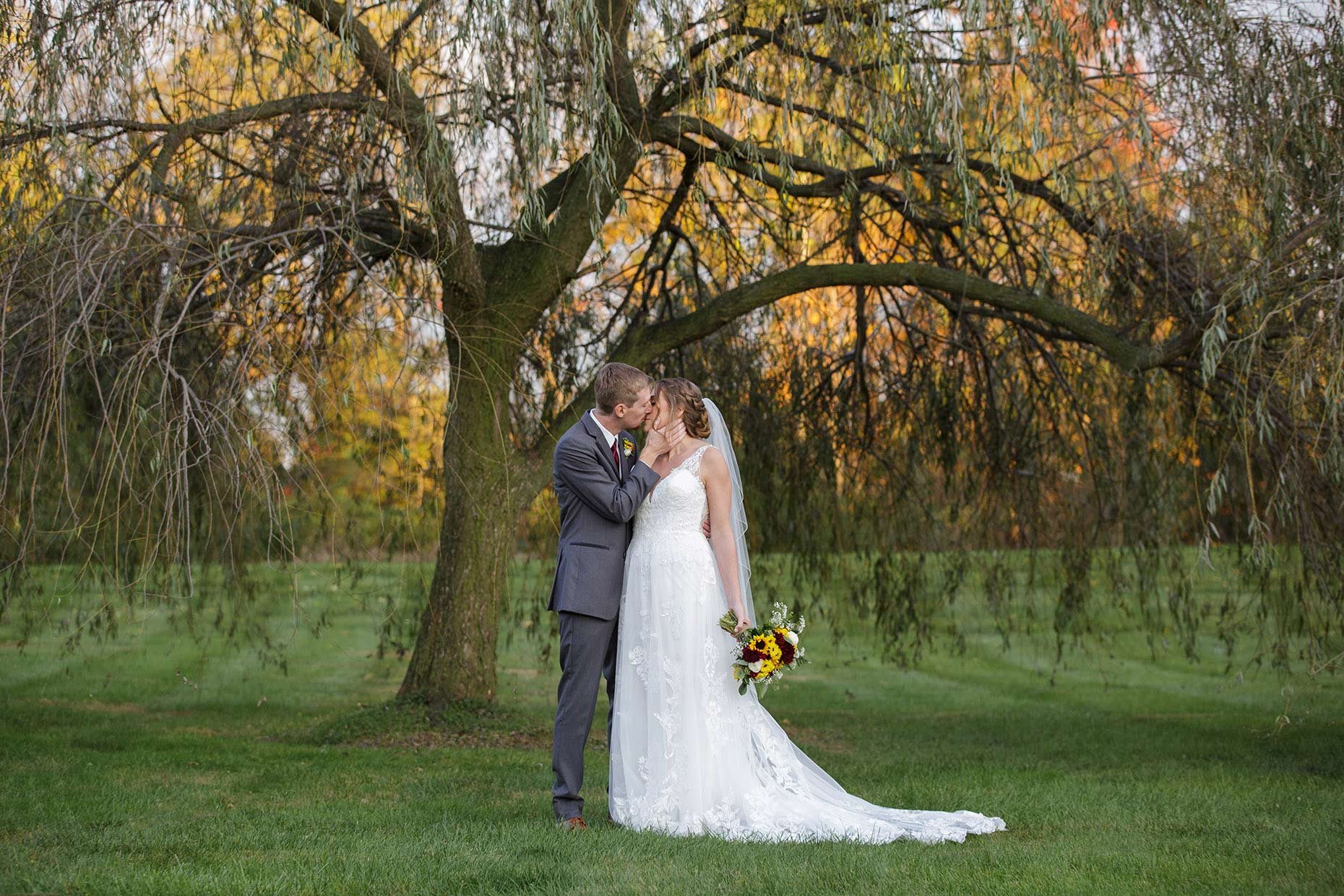 Bride &amp; Groom kissing under a weeping willow tree